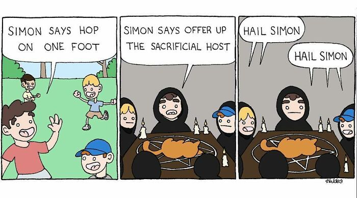 Comic panels showing children playing Simon Says outdoors, then a dark twist with a sacrificial ritual, illustrating funny absurd comics.