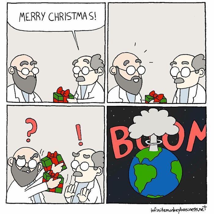 Absurdly funny comics showing two men exchanging Christmas gifts that cause an explosion of the Earth in a cartoon style.
