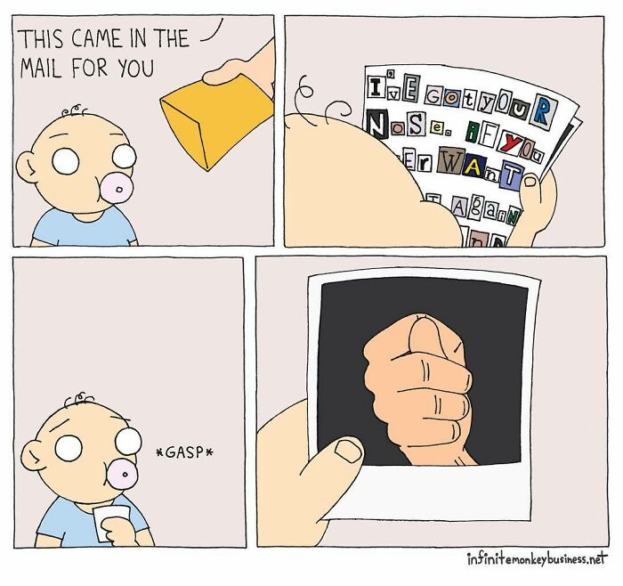 Absurdly funny comic showing a baby receiving a mysterious mail with a ransom note and a shocking photo inside.