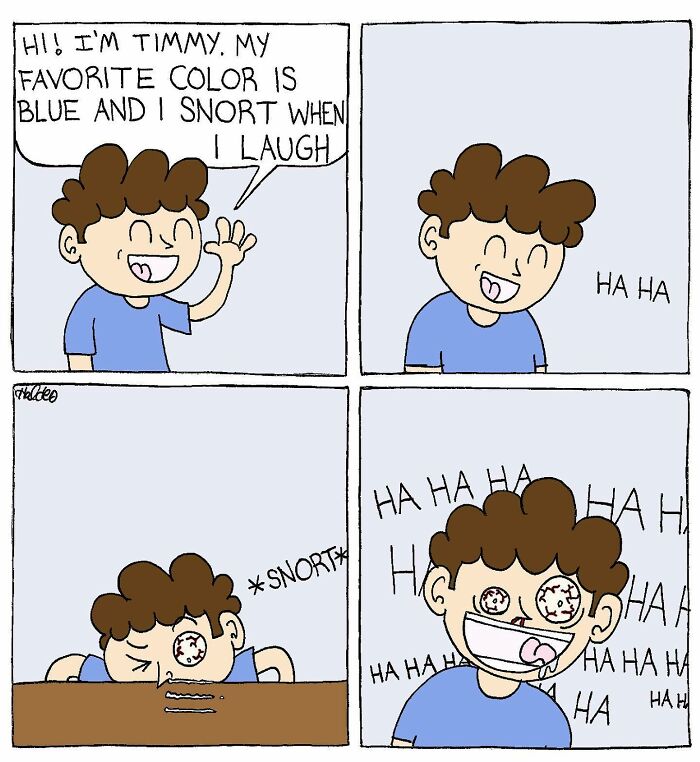 Comic strip of a funny character named Timmy snorting and laughing, showcasing absurdly funny comics humor.