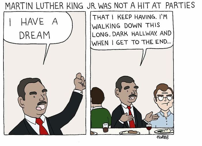 Comic featuring Martin Luther King Jr. delivering an awkward speech, showcasing absurdly funny comics style and humor.
