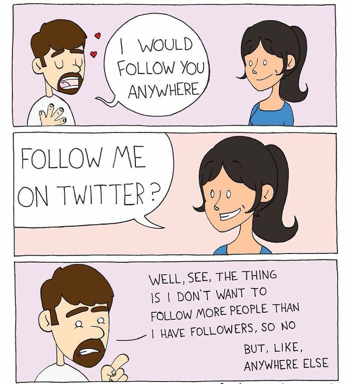 Absurdly funny comic shows a humorous Twitter conversation about following and social media followers.