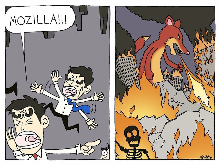 Absurdly funny comics showing a man shouting Mozilla and a giant fox breathing fire in a city fire scene.