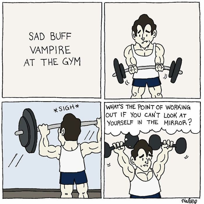 Absurdly funny comic of a buff vampire lifting weights at the gym, humorously questioning the point of working out.
