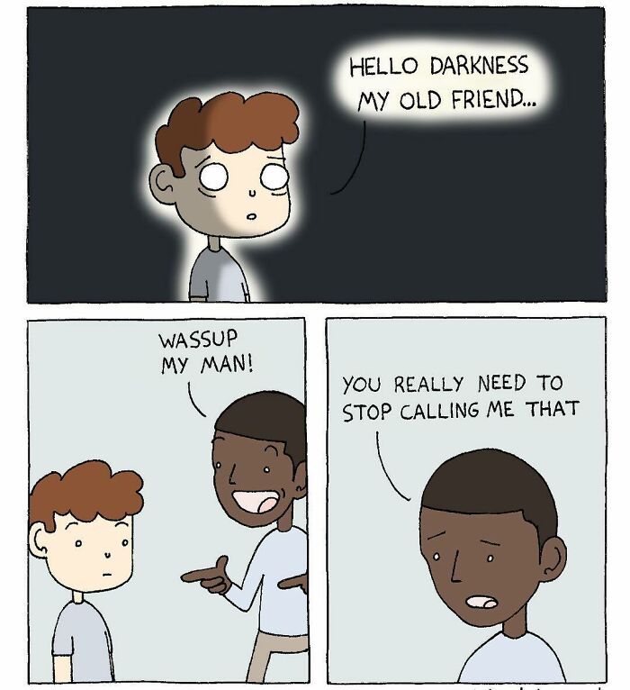 Absurdly funny comics featuring a humorous conversation between two friends with playful and awkward dialogue.