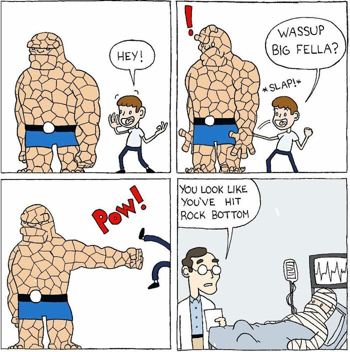 Absurdly funny comics showing a rocky character and a boy with humorous dialogue in a four-panel cartoon strip.