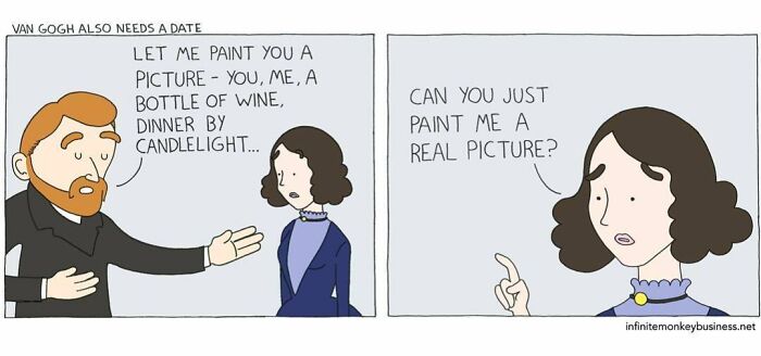 Absurdly funny comic strip showing a man offering to paint a picture and a woman asking for a real one instead.