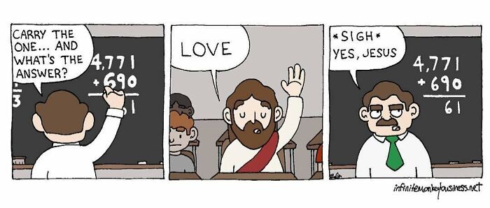 Absurdly funny comic strip showing a student, Jesus, and teacher in a humorous classroom math scene.
