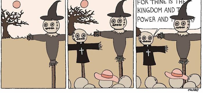 Absurdly funny comic strip featuring scarecrows with button eyes and a humorous dark twist in a simple outdoor setting.