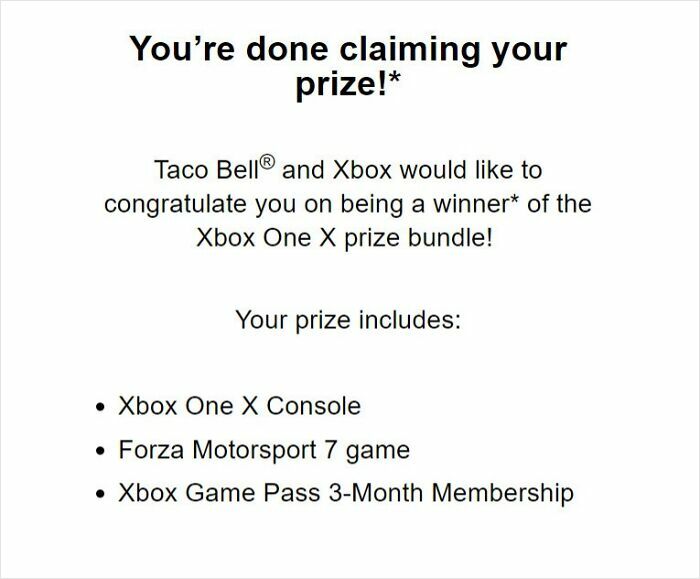 Notification of winning an Xbox One X prize bundle, showcasing people experiencing unbelievable luck moments.