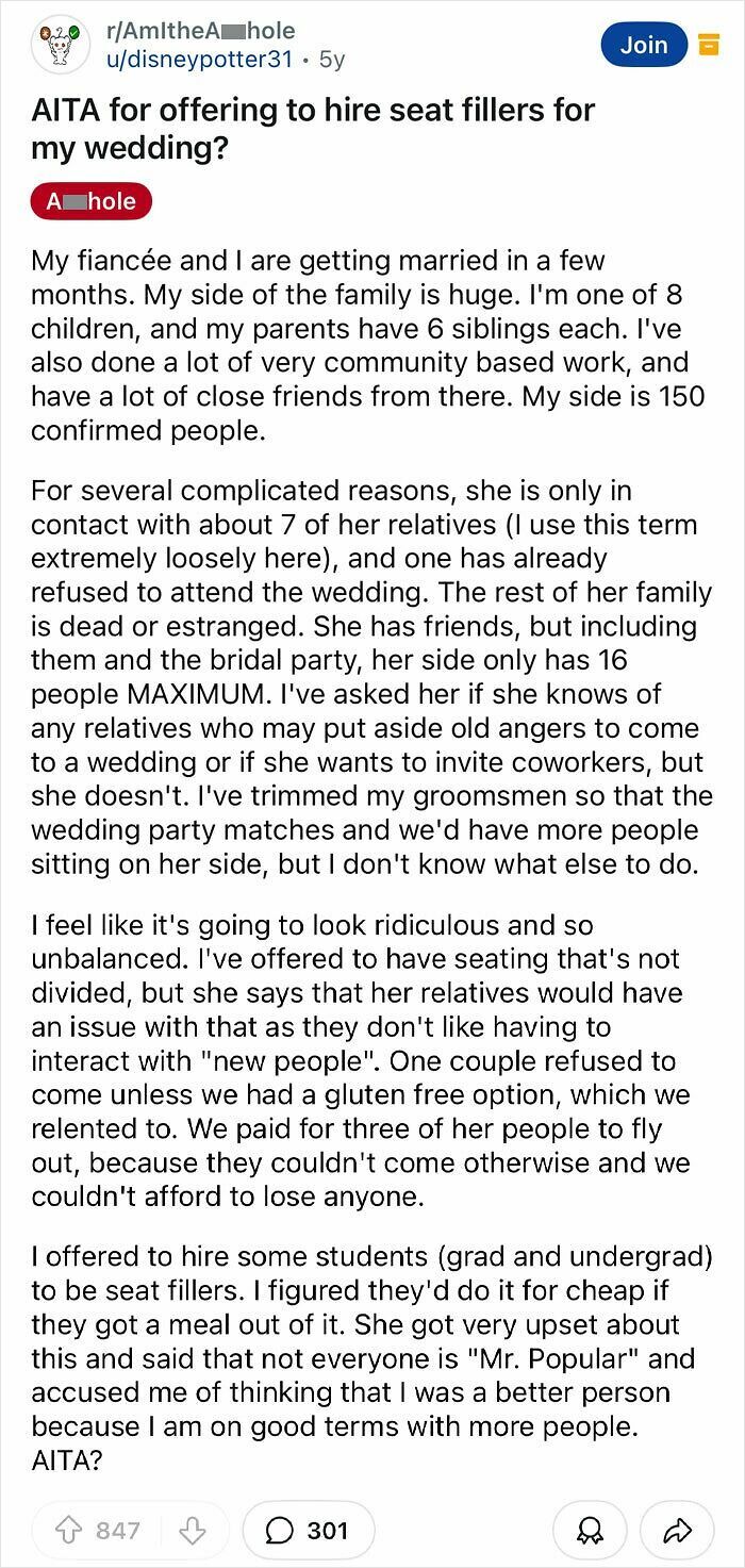 Reddit post showing a groom exposed for entitlement by offering to hire seat fillers for wedding guests.