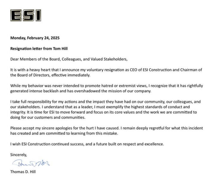 Resignation letter from CEO Tom Hill of ESI Construction acknowledging consequences of actions and job loss.