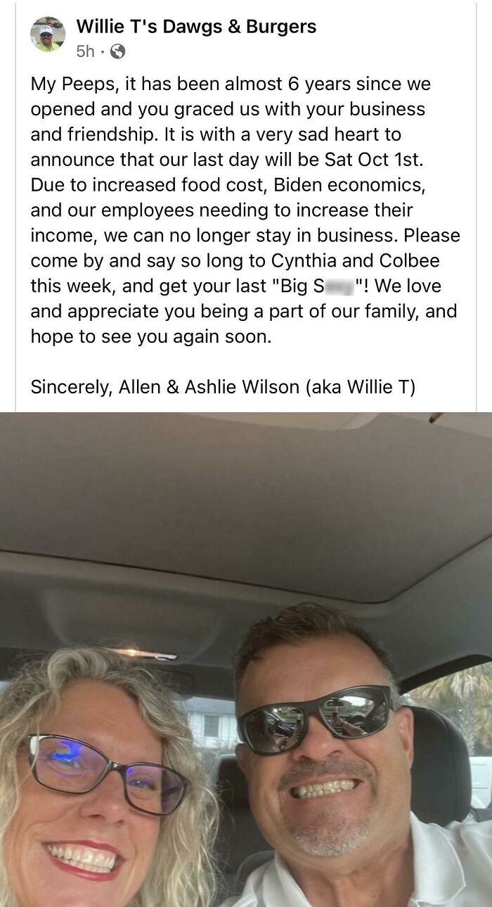 Couple announces business closure due to economic challenges, reflecting consequences of their own decisions affecting jobs.
