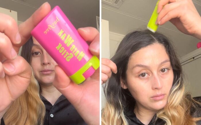 Person demonstrating a TikTok Shop hair styling stick, applying it to their hair roots indoors.