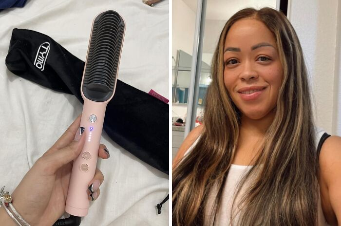 Heated hair straightening brush from TikTok shop and woman with smooth straight hair after using trending TikTok Shop finds.