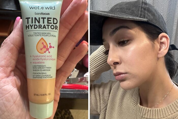 wet n wild tinted hydrator held in hand next to woman with glowing skin showcasing popular TikTok Shop beauty find