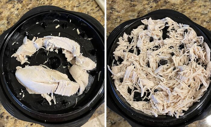Cooked chicken breast before and after using a TikTok shop kitchen gadget to shred the meat on a black plate.