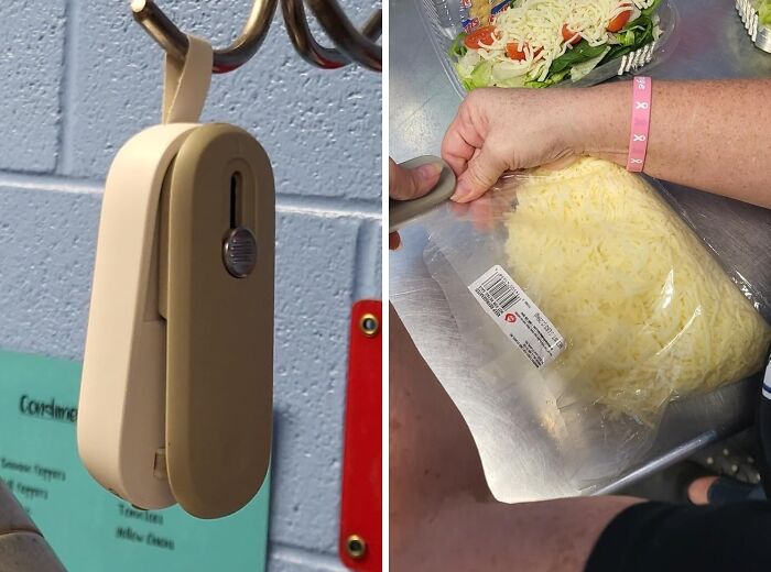 Compact beige bag clip hanging on hooks beside a person sealing a plastic bag with shredded cheese, TikTok Shop finds.