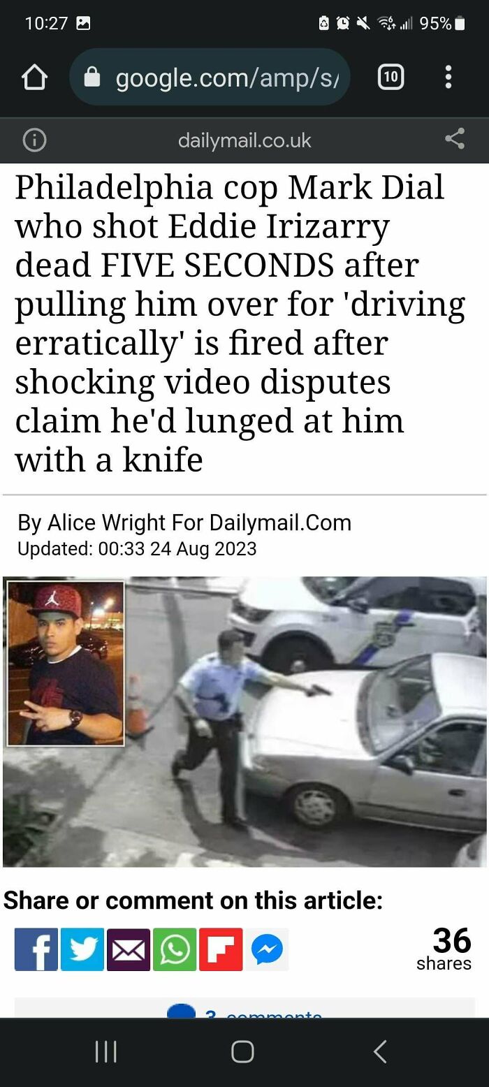 News article screenshot about a Philadelphia cop fired, illustrating consequences of their own stupidity and job loss.