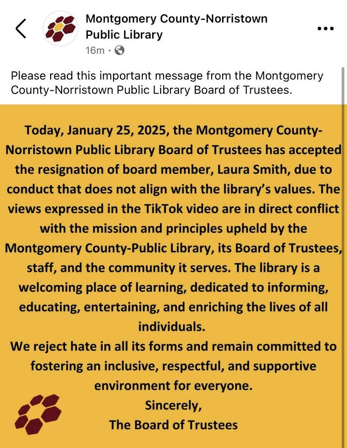 Public library board accepts resignation over conduct conflicting with values, showing consequences of actions and job loss.