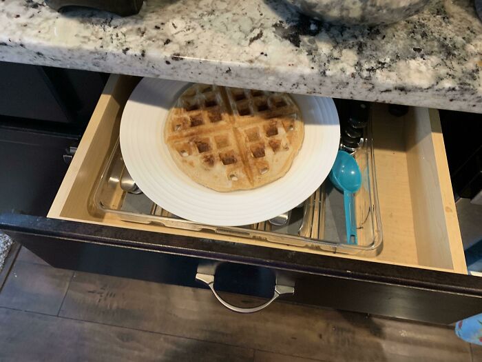 Waffle placed on a plate inside a kitchen drawer, a funny unfortunate situation of forgetting something.