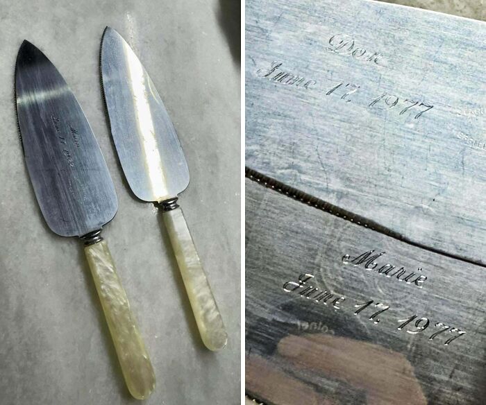 Two vintage cake servers with matching engraved dates showing real-life glitches in the matrix documented.