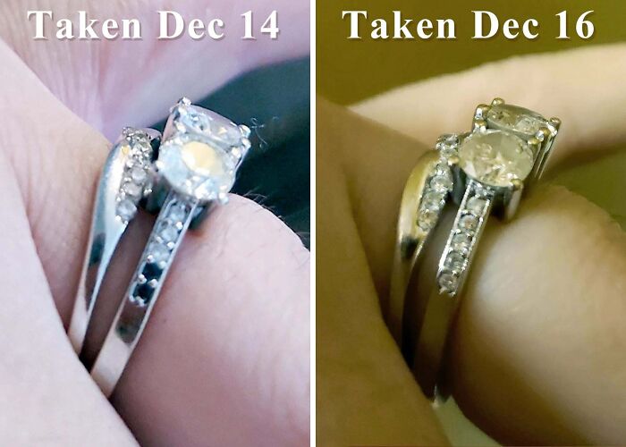 Close-up comparison of a ring on a finger showing a real-life glitch in the matrix over two days.