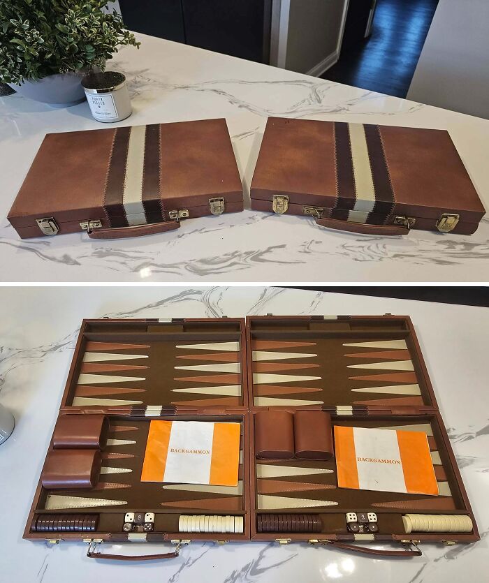 Two identical backgammon sets side by side showing real-life glitches in the matrix documented on a table.