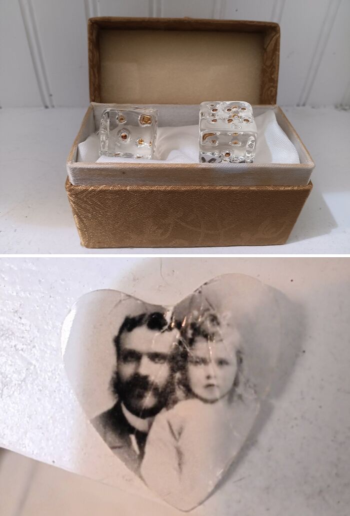 Two clear dice in a box and a vintage heart-shaped photo showing a real-life glitch in the matrix moment.