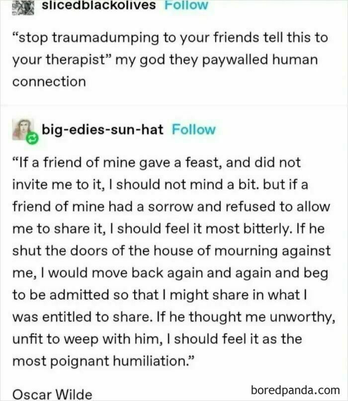 Text posts showing relatable content about emotional sharing and human connection, reflecting casual nihilism memes.