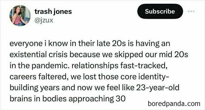 Tweet meme about existential crisis in late 20s, relatable to casual nihilism themes and life challenges after the pandemic.