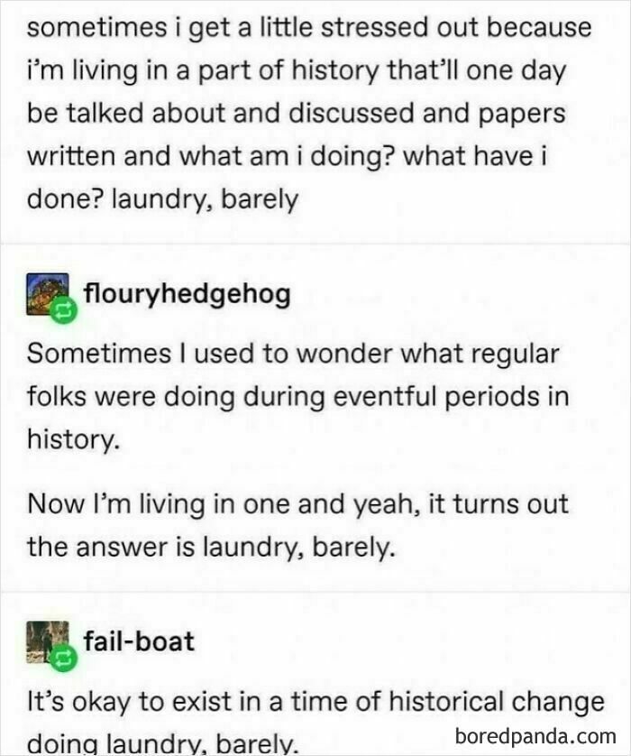 Text meme about casual nihilism discussing stress and doing laundry during historic events, reflecting relatable casual nihilism humor.