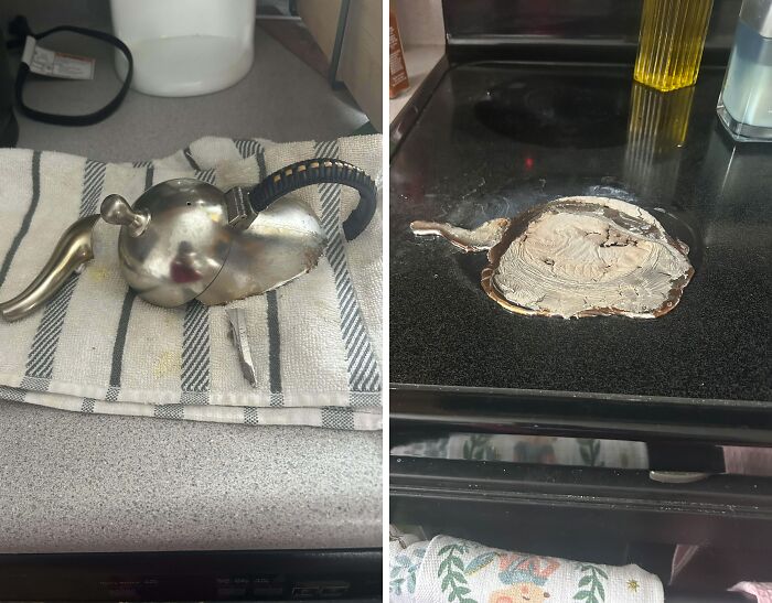 Damaged teapot and melted object on stove showcasing funny unfortunate situations of forgetting something.