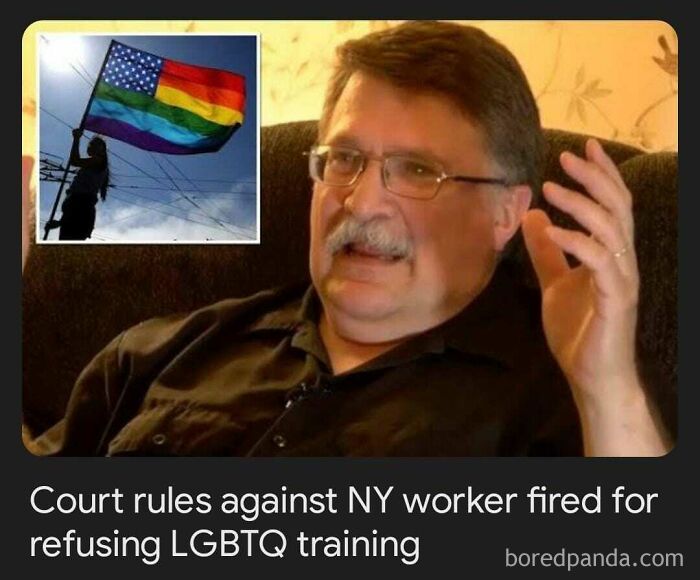 Man with glasses explaining court ruling on NY worker fired for refusing LGBTQ training risking job consequences.