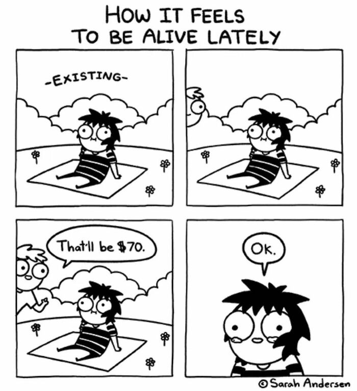 Comic strip showing a character experiencing casual nihilism and existential feelings in everyday life situations.