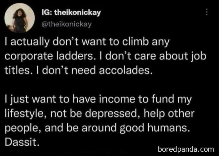Text post about rejecting corporate ladders and valuing income, mental health, and human connection in casual nihilism memes.
