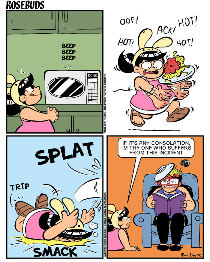 Comic by Deon Parson shows sisterhood humor with a girl dropping hot food and another reading a book in the living room.