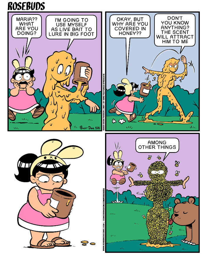 Comic panels by Deon Parson showing two sisters with honey and bees, highlighting the humor and chaos of sisterhood.