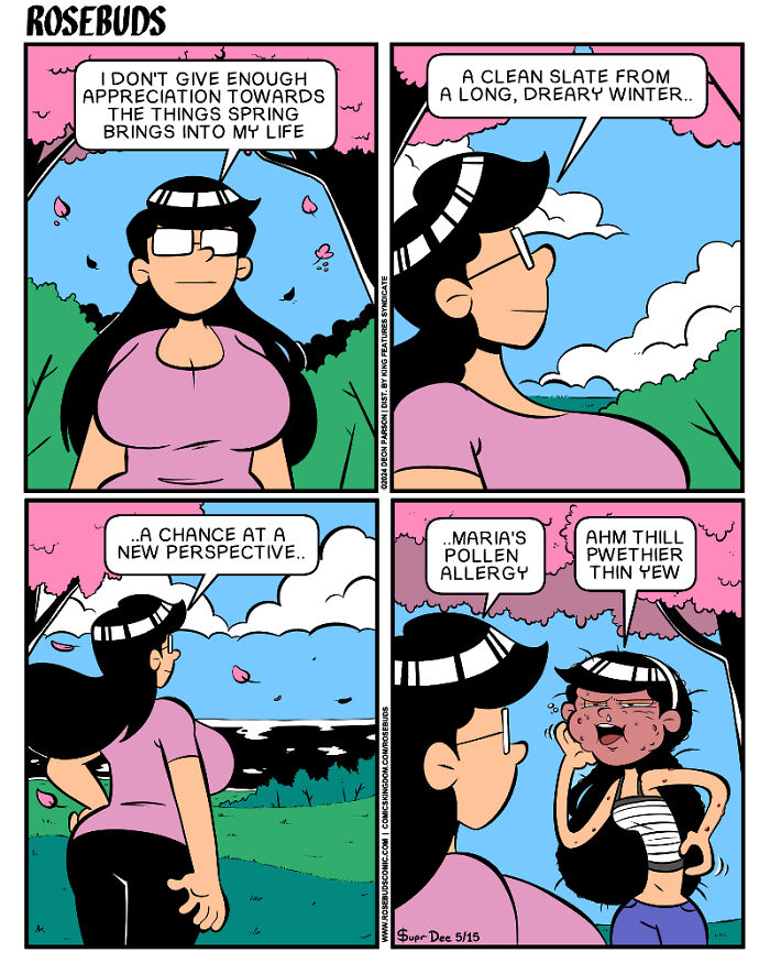 Comic strip by Deon Parson depicting sisterhood with humor and springtime allergy challenges outdoors.
