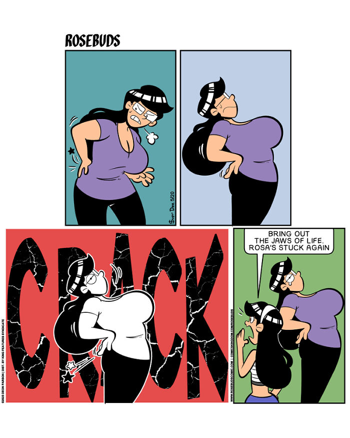 Comic strip by Deon Parson showing a woman experiencing back pain in a humorous sisterhood-themed scene.