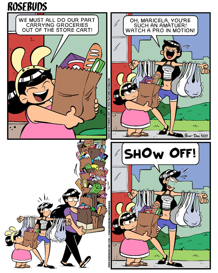 Comic strip by Deon Parson showing sisterhood moments with humor and daily grocery tasks.
