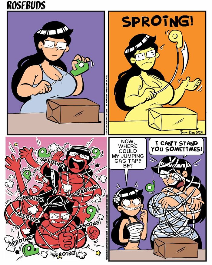 Comic strip by Deon Parson showing sisterhood chaos with playful gag tape and lively expressions in a colorful style.