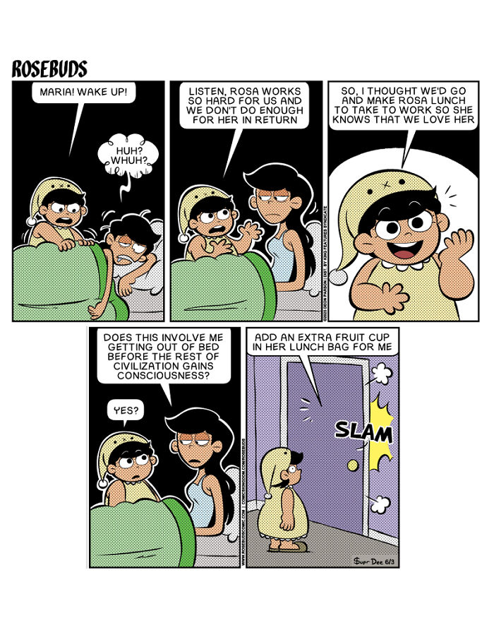 Comic strip by Deon Parson showing sisterhood moments with characters preparing lunch and discussing care and love.