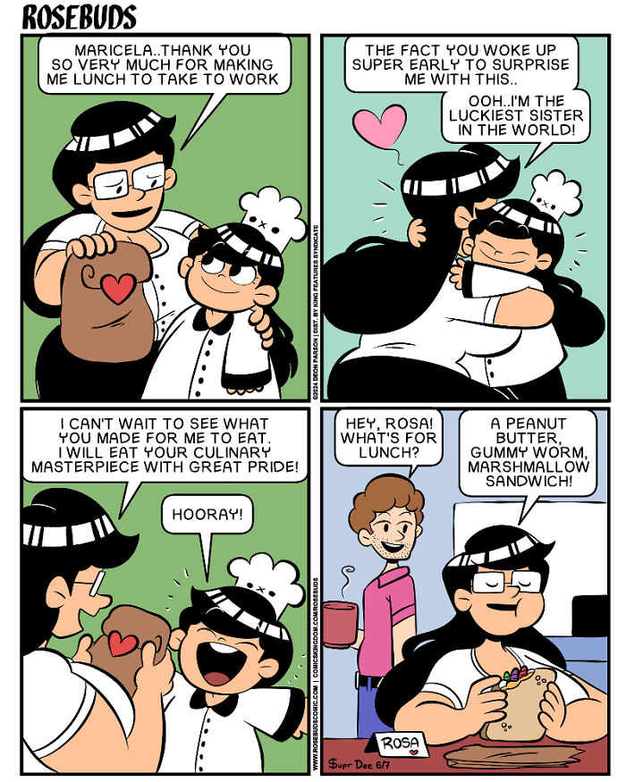 Comic strip by Deon Parson showing the beauty and madness of sisterhood with love and lunch surprises.