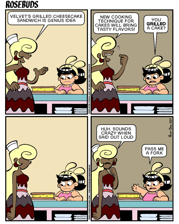 Comic strip by Deon Parson illustrating sisterhood through a humorous conversation about grilled cheesecake.