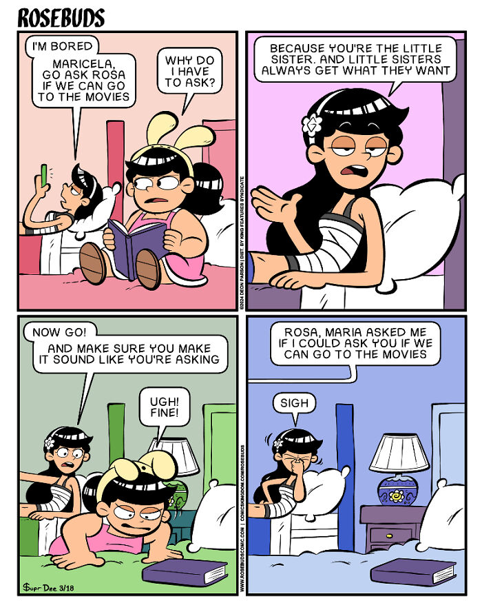 Comic panels by Deon Parson showing two sisters negotiating movie plans, highlighting the beauty and madness of sisterhood.