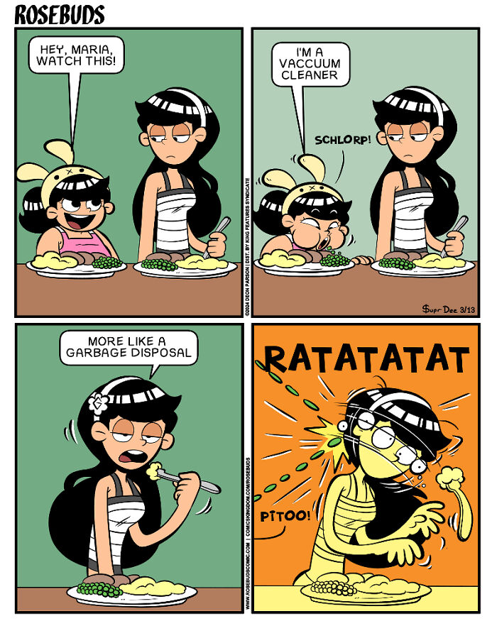 Comic strip by Deon Parson showing sisterhood humor with siblings at a dinner table and playful teasing interactions.