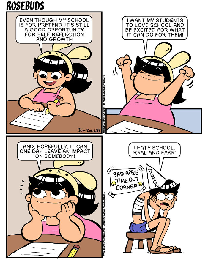 Comic panels by Deon Parson showing characters discussing the challenges and impact of school in sisterhood-themed humor.