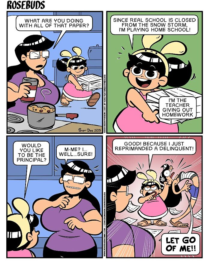 Comic strip by Deon Parson depicting the humor and chaos of sisterhood with playful home school scenes.
