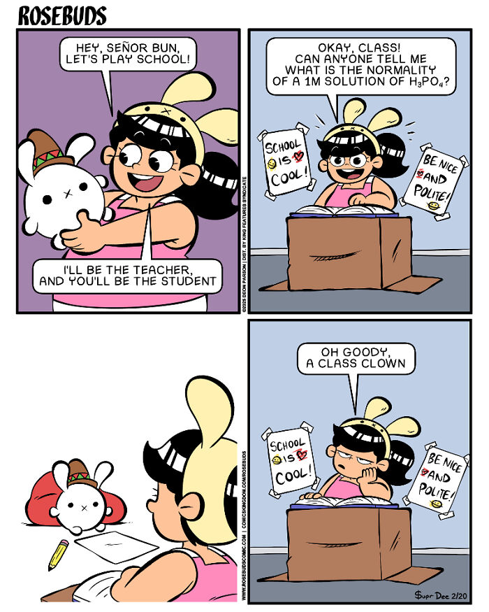 Comic strip by Deon Parson showing playful sisterhood moments with humor and school-themed role play.